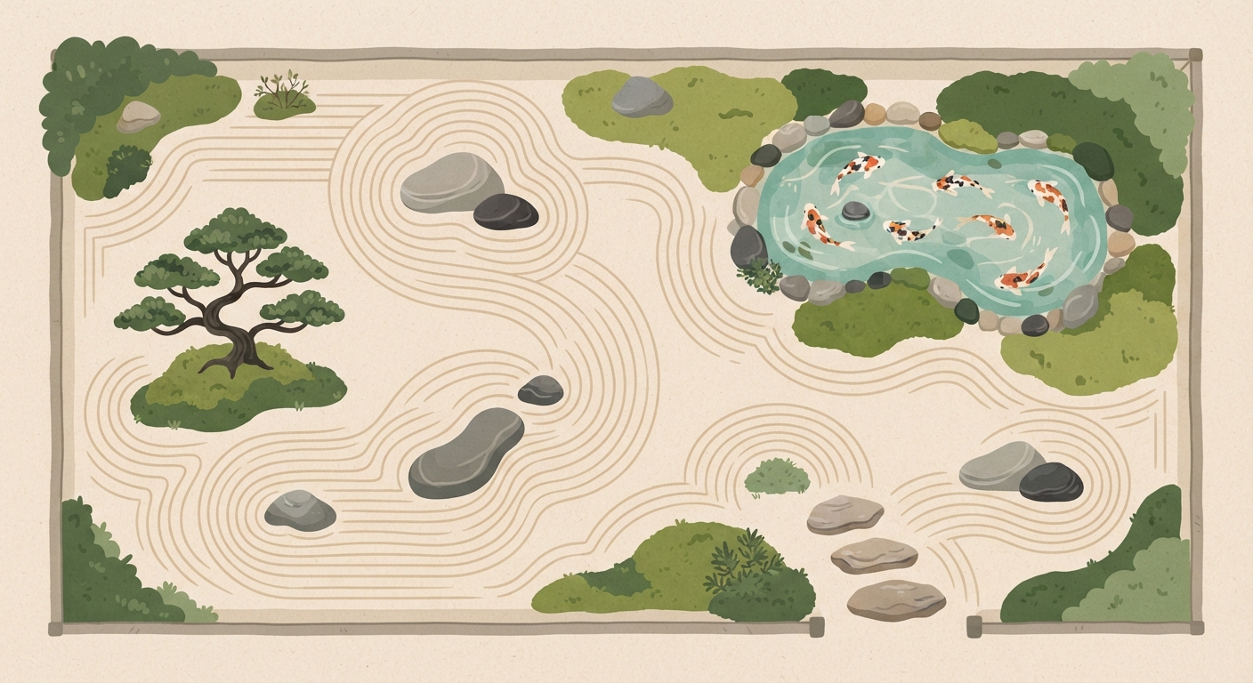 A raked zen garden with stones, moss, and a koi pond — a calm illustration of an untangled monorepo.